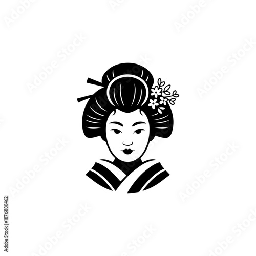 A stylized black geisha icon with elaborate bun hairstyle, floral hair ornaments, and traditional kimono collar is drawn in simple bold shapes on a white background.