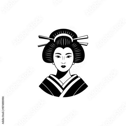 A stylized black geisha icon with elaborate bun hairstyle, floral hair ornaments, and traditional kimono collar is drawn in simple bold shapes on a white background.