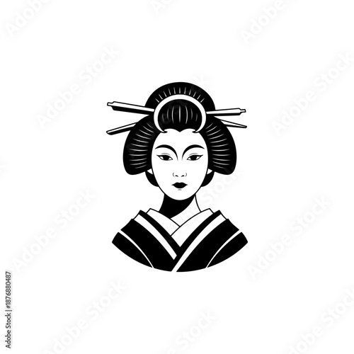A stylized black geisha icon with elaborate bun hairstyle, floral hair ornaments, and traditional kimono collar is drawn in simple bold shapes on a white background.