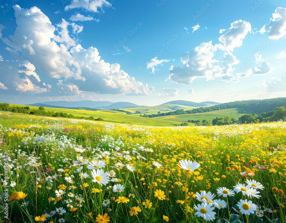 Fototapeta premium Idyllic Meadow Filled with Wildflowers Under Blue Sky and White Clouds
