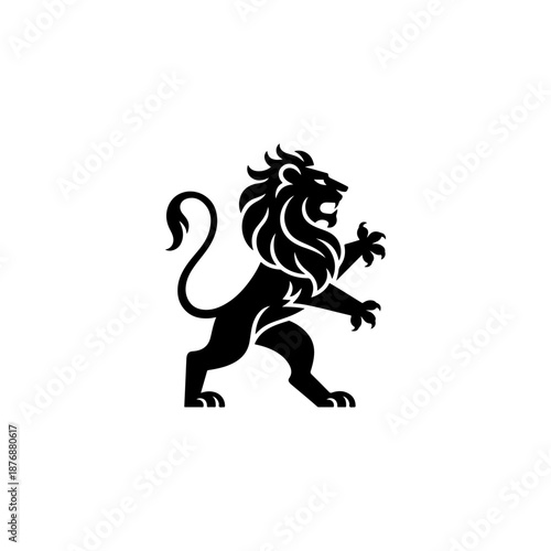 A bold heraldic lion silhouette stands on its hind legs with flowing mane, curved tail, and raised claws, drawn in classic medieval emblem style on a white background.