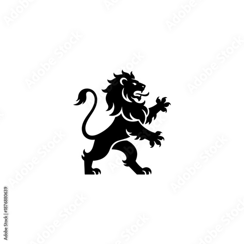 A bold heraldic lion silhouette stands on its hind legs with flowing mane, curved tail, and raised claws, drawn in classic medieval emblem style on a white background.