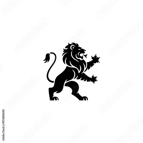 A bold heraldic lion silhouette stands on its hind legs with flowing mane, curved tail, and raised claws, drawn in classic medieval emblem style on a white background.