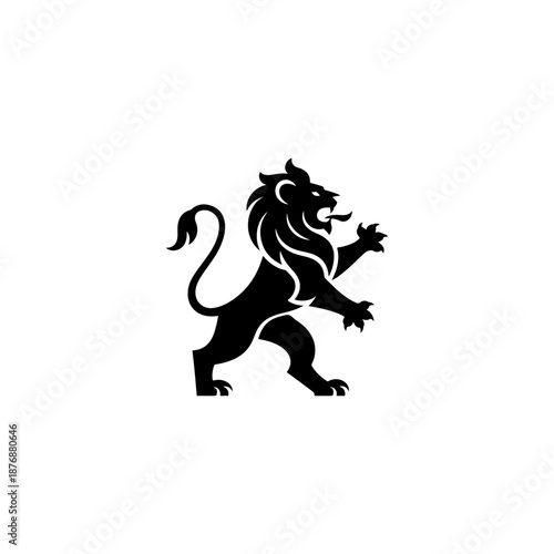 A bold heraldic lion silhouette stands on its hind legs with flowing mane, curved tail, and raised claws, drawn in classic medieval emblem style on a white background.
