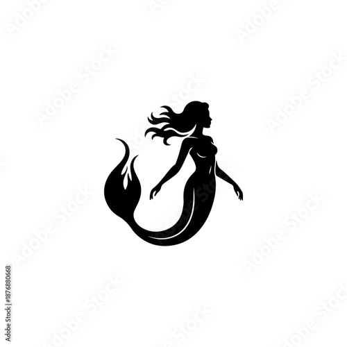 A graceful mermaid silhouette with flowing hair and curved tail swims in profile, drawn in elegant black shapes on a clean white background.