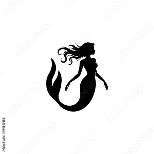 A graceful mermaid silhouette with flowing hair and curved tail swims in profile, drawn in elegant black shapes on a clean white background.