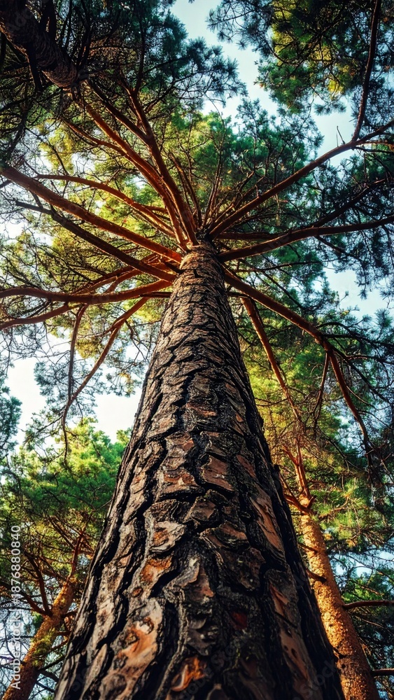 Fototapeta premium Dramatic Low Angle View of Tall Pine Tree Against Bright Sky in Forest
