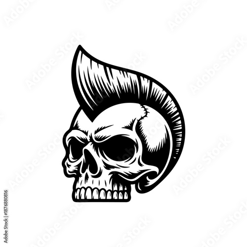 A fierce punk skull with a tall spiky mohawk, deep eye sockets, and gritted teeth is illustrated in bold black and white tattoo style on a clean background.