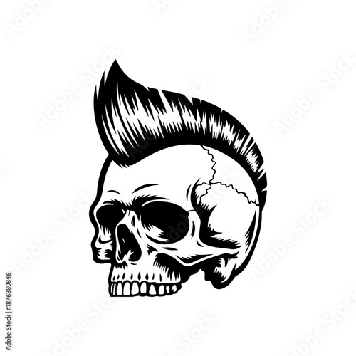 A fierce punk skull with a tall spiky mohawk, deep eye sockets, and gritted teeth is illustrated in bold black and white tattoo style on a clean background.