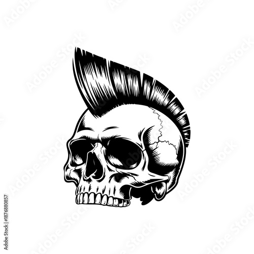A fierce punk skull with a tall spiky mohawk, deep eye sockets, and gritted teeth is illustrated in bold black and white tattoo style on a clean background.