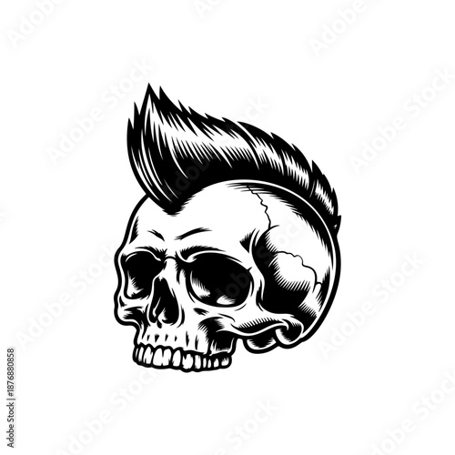 A fierce punk skull with a tall spiky mohawk, deep eye sockets, and gritted teeth is illustrated in bold black and white tattoo style on a clean background.