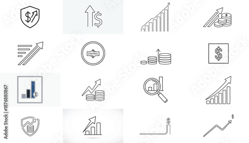 A collection of 15 blurry black and white business or finance related icons and symbols