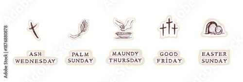 Holy week 2026 Easter Icon picture set with Jesus , ash cross washing feet and hand written text. Isolated flat vector for christian holiday of ash wednesday, maundy thursday, palm sunday collection