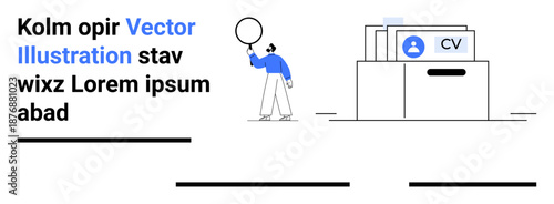 Person holding magnifying glass examines virtual CV files stored in an organized archive. Ideal for recruitment, HR solutions, career services, job search, data management, research, profiling