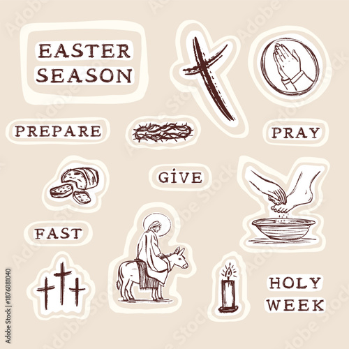 Holy week 2026 Easter Icon picture set with Jesus , ash cross washing feet and hand written text. Isolated flat vector for christian holiday of lent and eastertide symbol collection