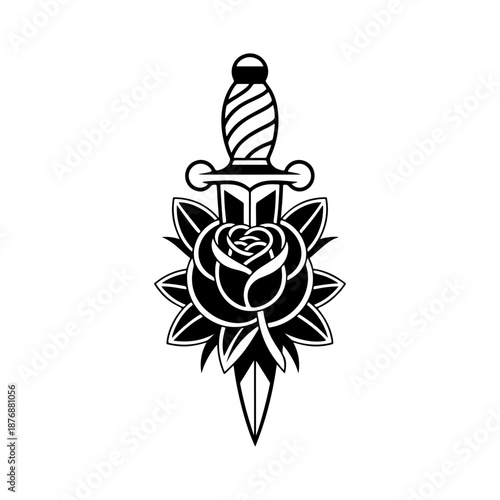 A classic dagger pierced through a blooming rose, perfect for tattoo flash sheets, apparel prints, sticker packs, biker designs, band merch and bold romantic or vintage branding.