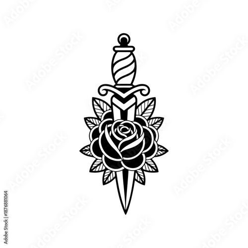 A classic dagger pierced through a blooming rose, perfect for tattoo flash sheets, apparel prints, sticker packs, biker designs, band merch and bold romantic or vintage branding.