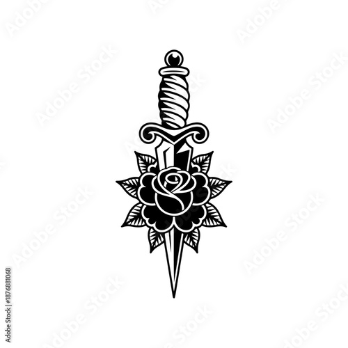 A classic dagger pierced through a blooming rose, perfect for tattoo flash sheets, apparel prints, sticker packs, biker designs, band merch and bold romantic or vintage branding.