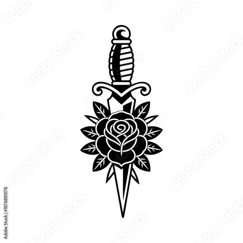 A classic dagger pierced through a blooming rose, perfect for tattoo flash sheets, apparel prints, sticker packs, biker designs, band merch and bold romantic or vintage branding.