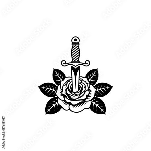 A classic dagger pierced through a blooming rose, perfect for tattoo flash sheets, apparel prints, sticker packs, biker designs, band merch and bold romantic or vintage branding.