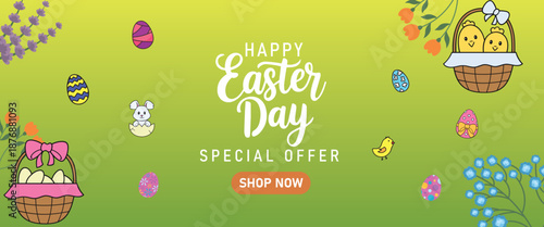 Joyful Easter Day Special Offer banner featuring cute cartoon chicks, colorful eggs, and spring flowers on a vibrant lime green background for holiday sales.