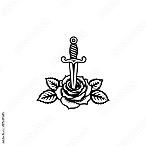 A classic dagger pierced through a blooming rose, perfect for tattoo flash sheets, apparel prints, sticker packs, biker designs, band merch and bold romantic or vintage branding.