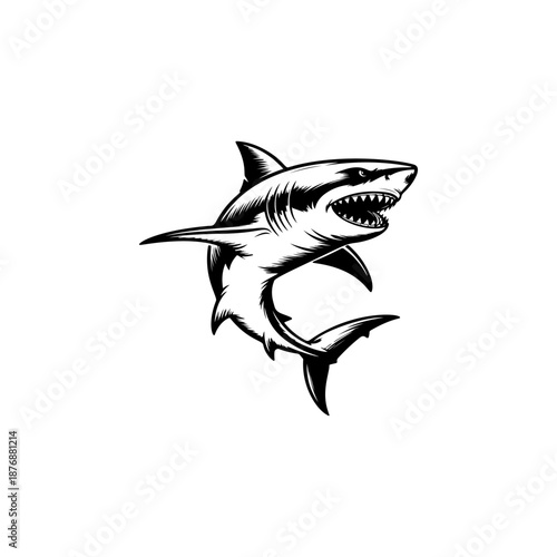 A dynamic great white shark mascot, ideal for sports team logos, fishing clubs, surf and dive brands, gaming avatars, apparel prints, stickers and aggressive marine themed designs.