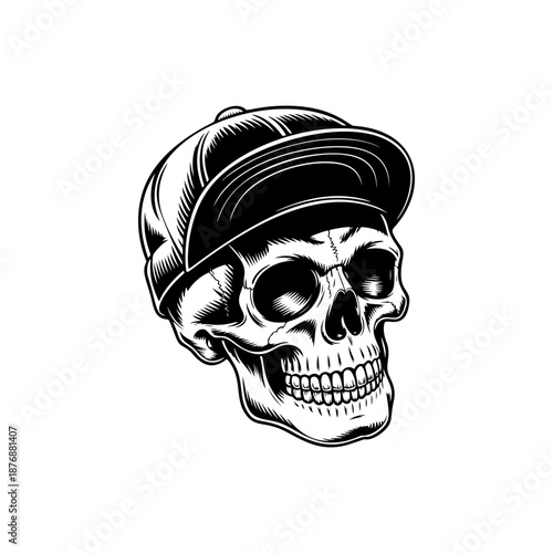 A streetwear skull mascot in a baseball cap, perfect for urban apparel prints, sticker packs, skate and hip hop branding, music merch, logo designs and edgy tattoo inspired artwork.