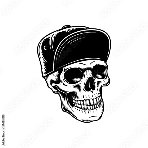 A streetwear skull mascot in a baseball cap, perfect for urban apparel prints, sticker packs, skate and hip hop branding, music merch, logo designs and edgy tattoo inspired artwork.