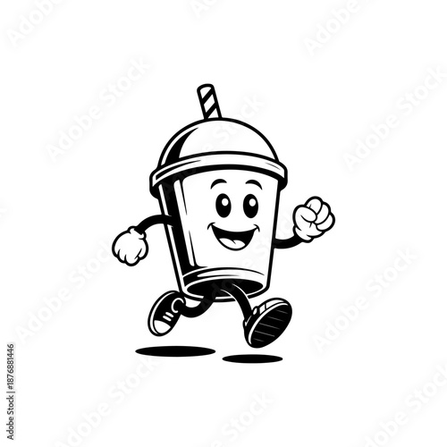 A cheerful running drink cup mascot, ideal for bubble tea shops, smoothie bars, fast food branding, kids menus, delivery apps, loyalty cards, stickers and playful promotional materials.