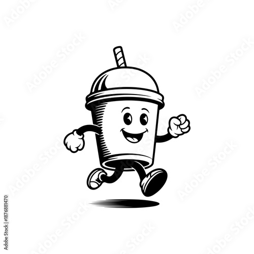 A cheerful running drink cup mascot, ideal for bubble tea shops, smoothie bars, fast food branding, kids menus, delivery apps, loyalty cards, stickers and playful promotional materials.