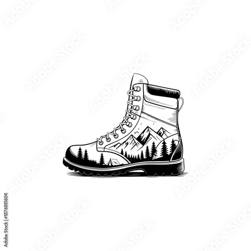 A hiking boot with mountains, forest and river landscape integrated into the upper, ideal for outdoor adventure logos, camping and trekking clubs, travel apparel, stickers and nature themed branding.