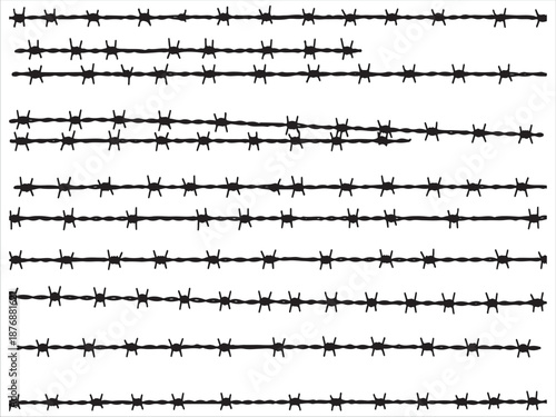 Barbed Wire Fence Sections Black and White Illustration