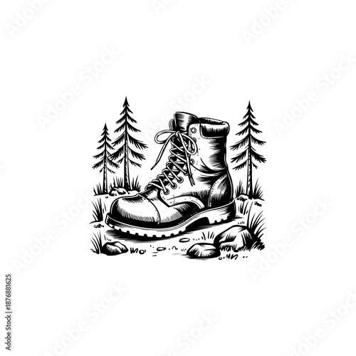 Rugged hiking boot standing on a rocky forest path with pine trees in the background, ideal for outdoor adventure logos, camping badges, trekking apparel prints and travel themed branding.