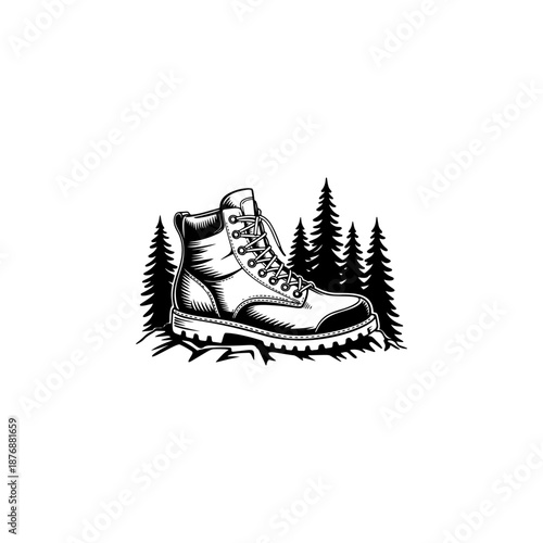 Rugged hiking boot standing on a rocky forest path with pine trees in the background, ideal for outdoor adventure logos, camping badges, trekking apparel prints and travel themed branding.
