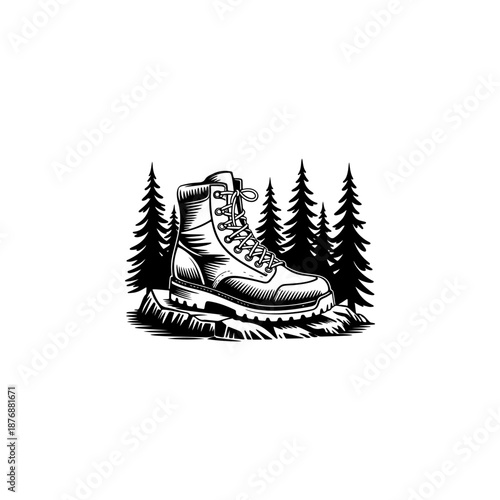 Rugged hiking boot standing on a rocky forest path with pine trees in the background, ideal for outdoor adventure logos, camping badges, trekking apparel prints and travel themed branding.