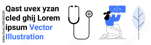 Healthcare innovation, programming, tech education, coding, medical systems, creative design. Stethoscope, person coding and tree graphic. Healthcare innovation and programming concept