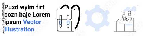 Education, manufacturing, mechanization, productivity tools, industrial design, academic material. Minimalist backpack, gear symbol and factory. Education and manufacturing theme icons