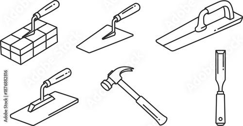 Line art vector set of 5 masonry tools brick trowel pointing trowel float masonry hammer and chisel