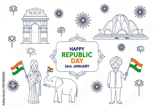 Happy Republic Day India, 26 January, vector illustration with Indian flag, people, and famous monuments on transparent Background 