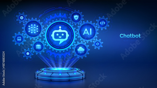 Chatbot. Smart assistant. AI. Artificial intelligence technology concept. Neural network. Holographic platform with glowing rays forming a projection of interconnected gears with icons. Vector.