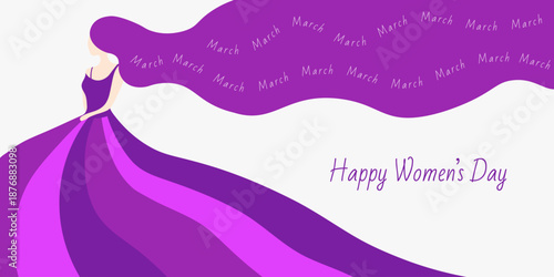 Woman silhouette with long flowing hair and dress, Happy Women’s Day greeting card. Feminine power and elegance for International Women’s Day concept.