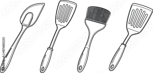 Outline illustration set of 4 kitchen spatula types offset spatula fish spatula rubber scraper and slotted turner