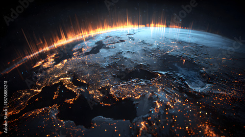 Earth at night with glowing aurora borealis over Europe