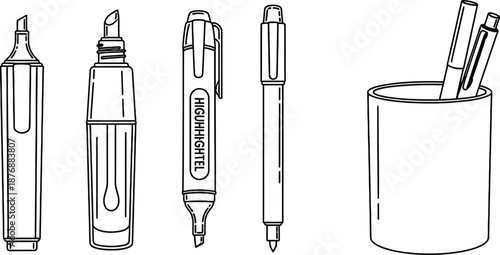 Outline illustration set of 4 highlighter types chisel tip pen liquid highlighter gel highlighter and desk pot