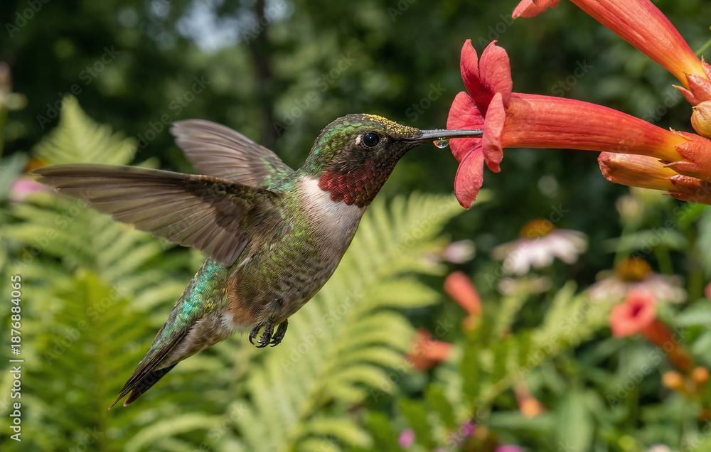Fototapeta premium Hummingbird in Flower Garden. A female Ruby Throated Hummingbird flies about