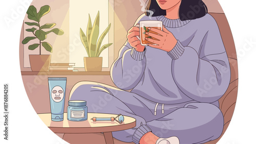 Woman relaxing at home with skincare products and a cup of coffee