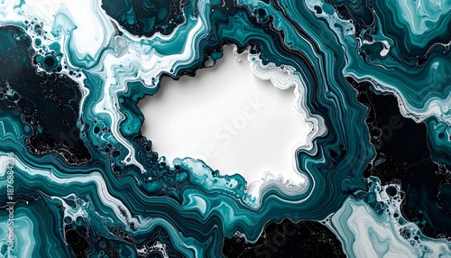 Abstract Teal and White Agate Pattern Background with Central White Void