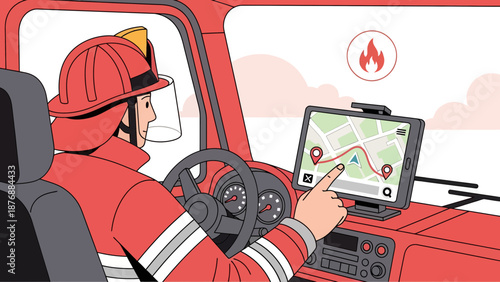 Firefighter Navigating Route to Emergency with Tablet in Firetruck Vehicle