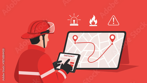 Firefighter Coordinating Emergency Using Digital Tablet And Location Map For Urgent Rescue
